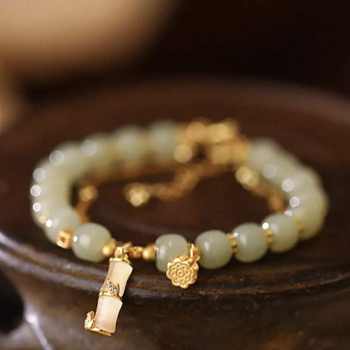 Buddha Stones Naturalna bransoletka z zawieszkami z jadeitu Hetian Prosperity Lotos Bambus