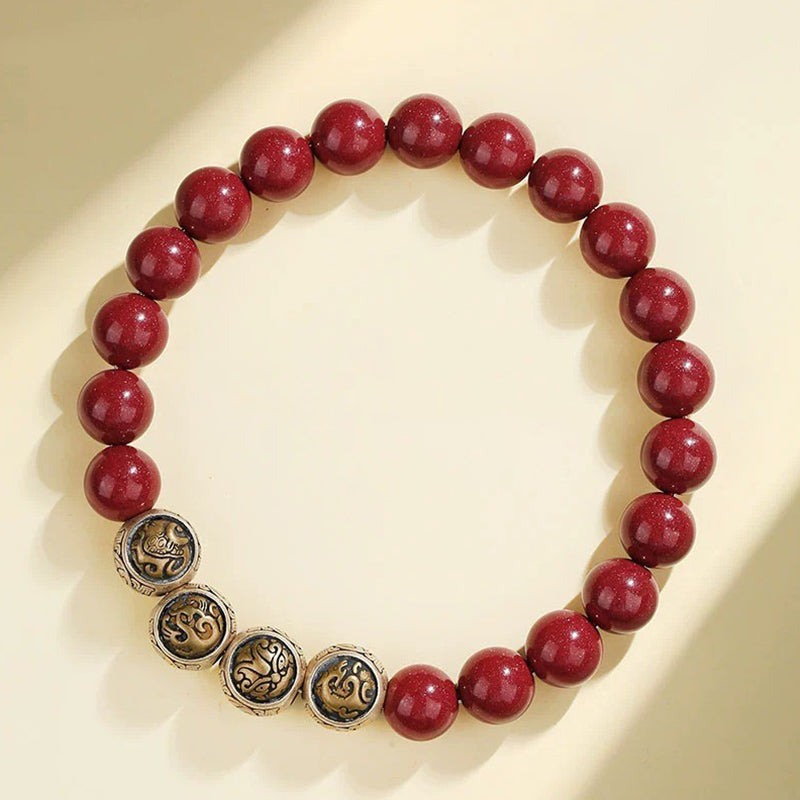 Bransoletka z Buddha Stones 925 ze srebra próby 925 z naturalnym cynobrem i czterema zwierzętami