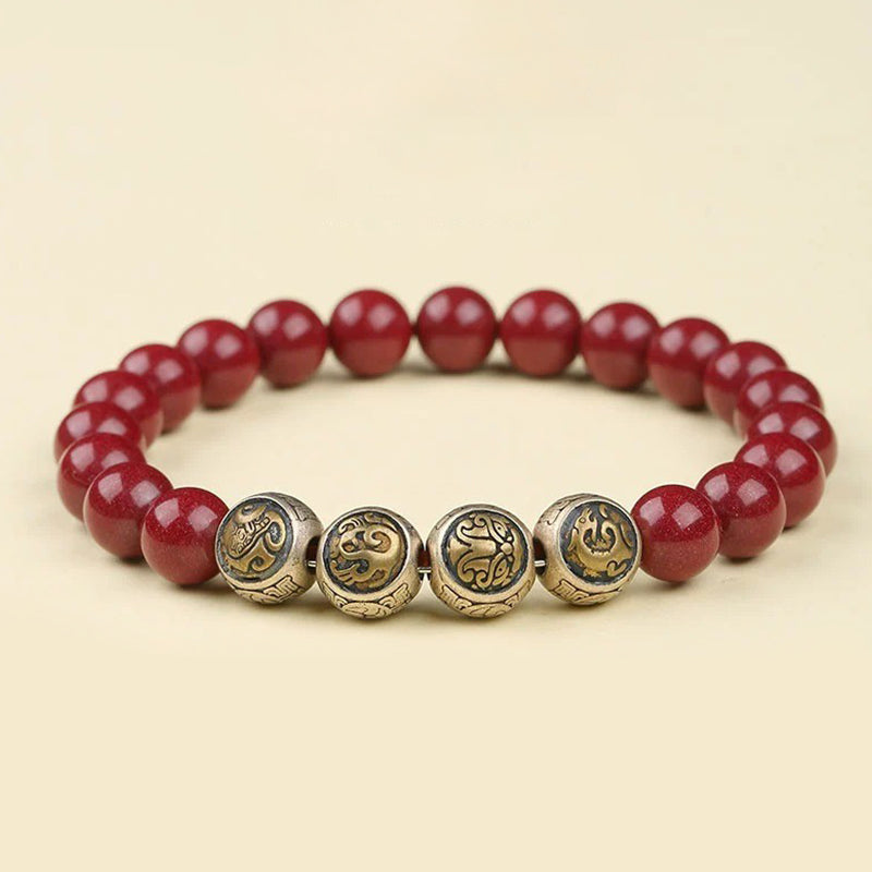 Bransoletka z Buddha Stones 925 ze srebra próby 925 z naturalnym cynobrem i czterema zwierzętami