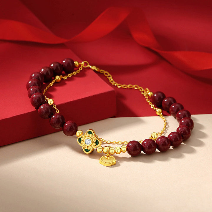 Bransoletka z Buddha Stones 925 ze srebra próby 925 z naturalnym cynobrem i czterolistną koniczyną - image 2