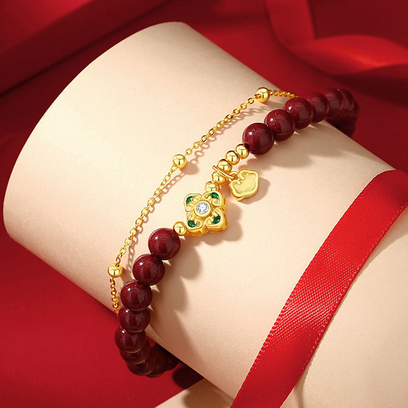 Bransoletka z Buddha Stones 925 ze srebra próby 925 z naturalnym cynobrem i czterolistną koniczyną