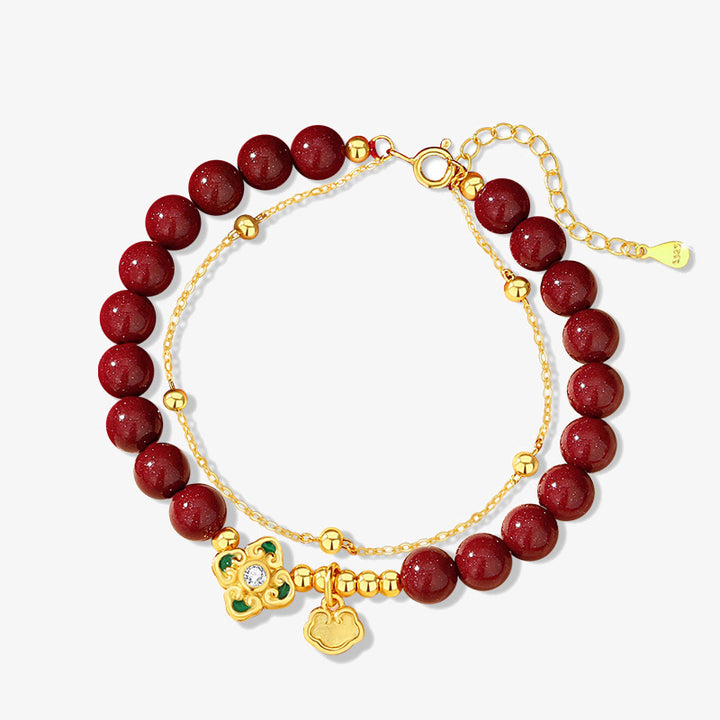 Bransoletka z Buddha Stones 925 ze srebra próby 925 z naturalnym cynobrem i czterolistną koniczyną