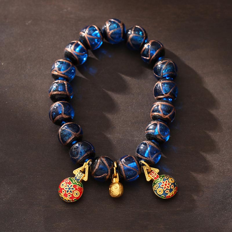 Buddha Stones Złoty Połykający Bestia Talizman Szczęścia Niebieski Liuli Szklane Koraliki Bransoletka Fortuny