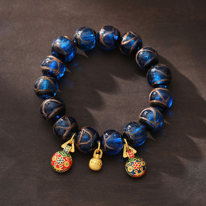 Buddha Stones Złoty Połykający Bestia Talizman Szczęścia Niebieski Liuli Szklane Koraliki Bransoletka Fortuny
