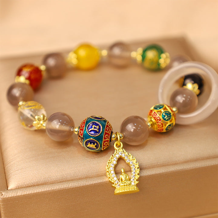 Buddha Stones Naturalny Szary Agat Pięć Kierunków Bogowie Bogactwa Om Mani Padme Hum Budda Bransoletka z zawieszkami