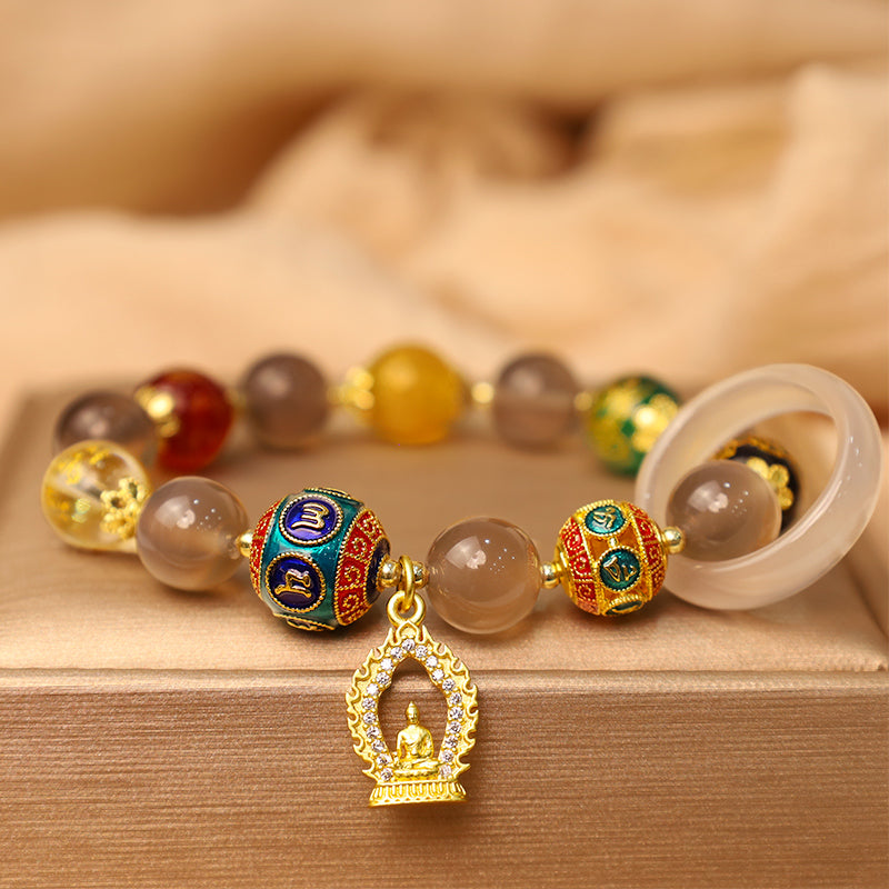Buddha Stones Naturalny Szary Agat Pięć Kierunków Bogowie Bogactwa Om Mani Padme Hum Budda Bransoletka z zawieszkami
