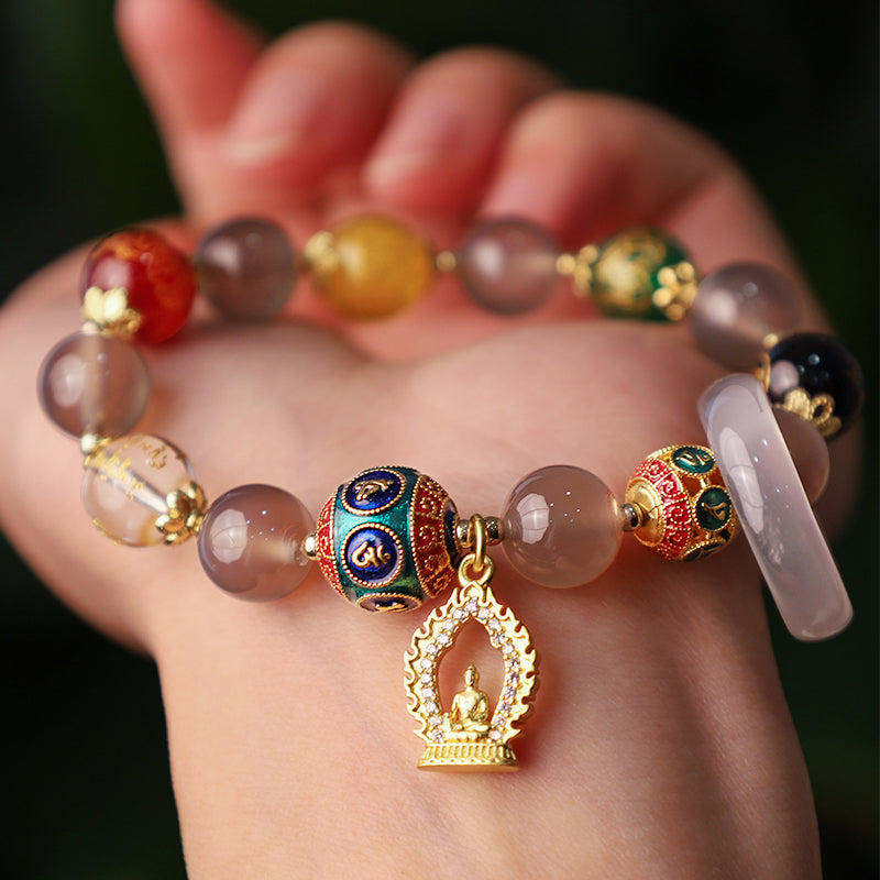 Buddha Stones Naturalny Szary Agat Pięć Kierunków Bogowie Bogactwa Om Mani Padme Hum Budda Bransoletka z zawieszkami
