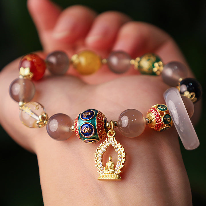 Buddha Stones Naturalny Szary Agat Pięć Kierunków Bogowie Bogactwa Om Mani Padme Hum Budda Bransoletka z zawieszkami