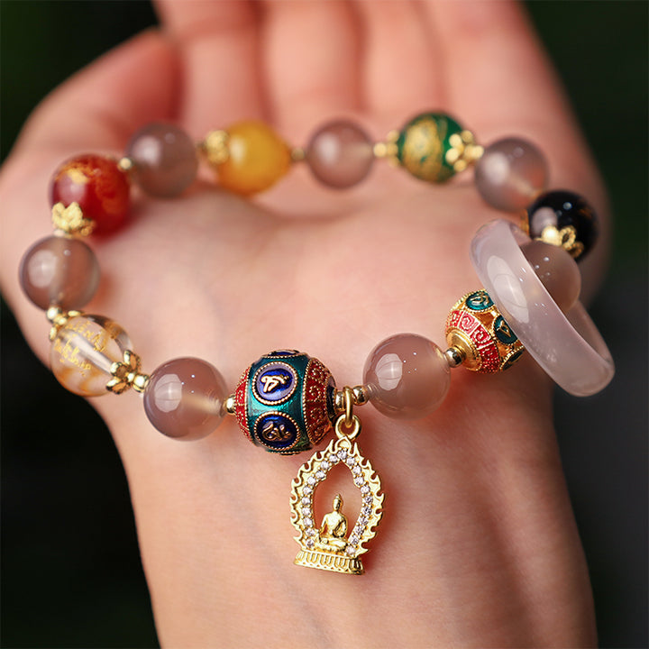 Buddha Stones Naturalny Szary Agat Pięć Kierunków Bogowie Bogactwa Om Mani Padme Hum Budda Bransoletka z zawieszkami