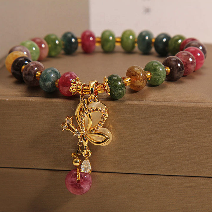 Buddha Stones Kolorowy Turmalin Motyl Charm Bransoletka Mądrości