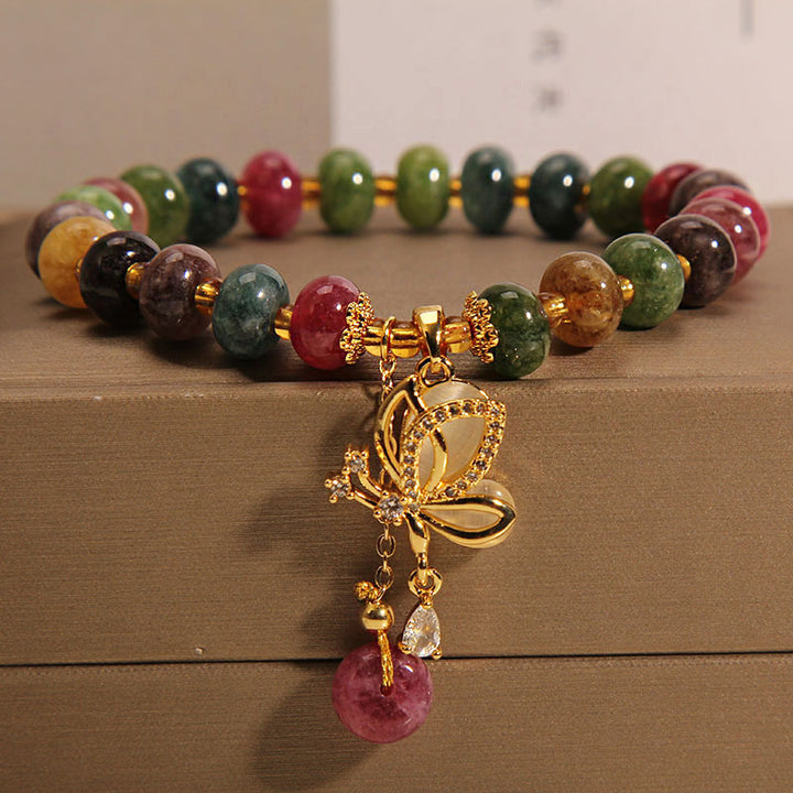 Buddha Stones Kolorowy Turmalin Motyl Charm Bransoletka Mądrości