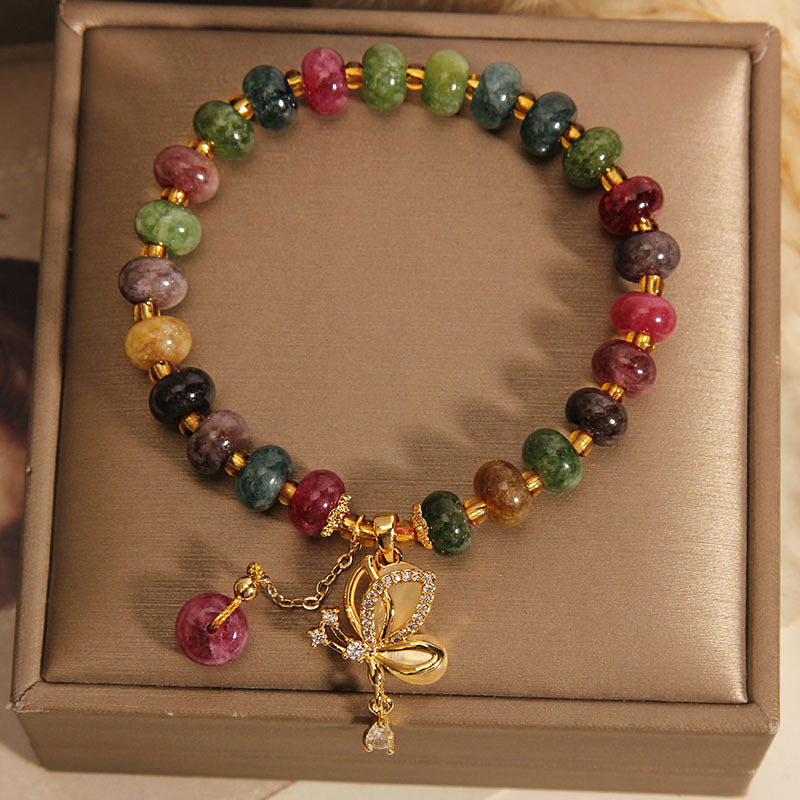Buddha Stones Kolorowy Turmalin Motyl Charm Bransoletka Mądrości