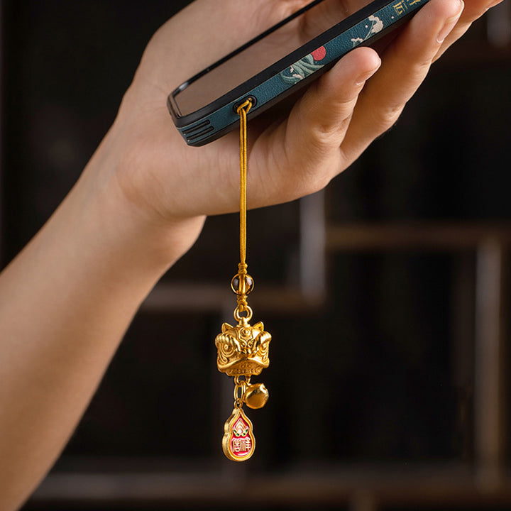 Buddha Stones Tańczący Lew Pomyślny Ruyi Bezpieczny Pokój Bogaty Miedź Bogactwo Telefon Wiszący Dekoracja