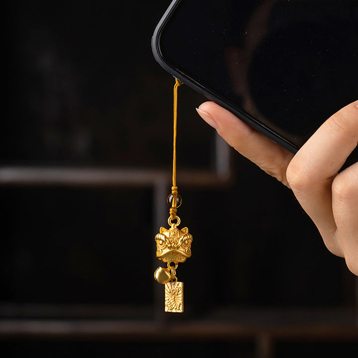 Buddha Stones Tańczący Lew Pomyślny Ruyi Bezpieczny Pokój Bogaty Miedź Bogactwo Telefon Wiszący Dekoracja