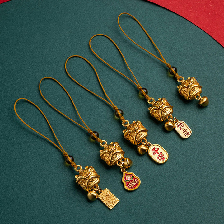 Buddha Stones Tańczący Lew Pomyślny Ruyi Bezpieczny Pokój Bogaty Miedź Bogactwo Telefon Wiszący Dekoracja