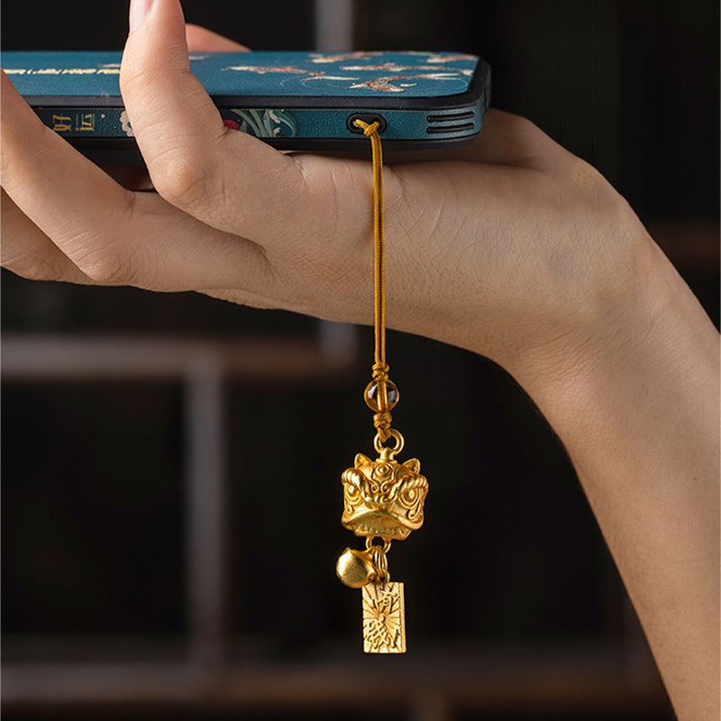 Buddha Stones Tańczący Lew Pomyślny Ruyi Bezpieczny Pokój Bogaty Miedź Bogactwo Telefon Wiszący Dekoracja