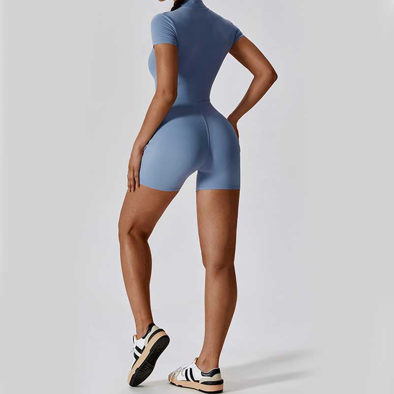 Buddha Stones Kombinezon z krótkim rękawem i zamkiem błyskawicznym o wysokiej elastyczności, sportowy, fitness, joga, damski, body - image 5