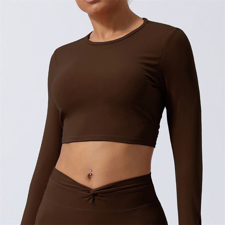 Buddha Stones Kobiety Trening Długi Rękaw Krzyżowy Top Bez Pleców Tee Legginsy Sport Fitness Joga Strój - Szczyt - Brązowy - US8-10, UK/AU12-14, EU40-42 (XL) - image 23