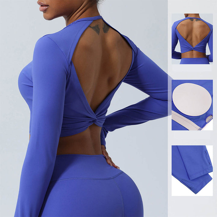 Buddha Stones Kobiety Trening Długi Rękaw Krzyżowy Top Bez Pleców Tee Legginsy Sport Fitness Joga Strój