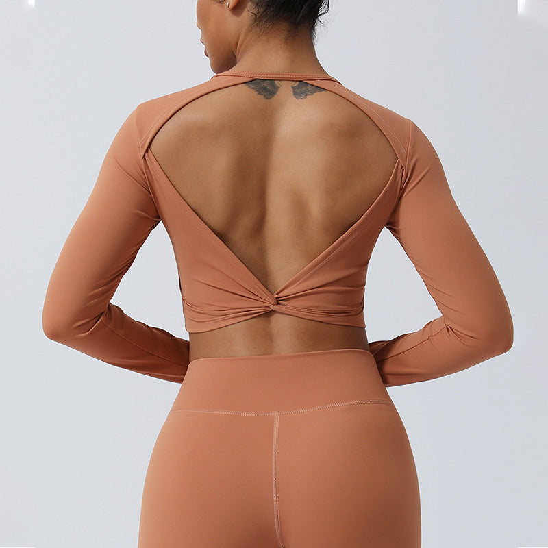 Buddha Stones Kobiety Trening Długi Rękaw Krzyżowy Top Bez Pleców Tee Legginsy Sport Fitness Joga Strój