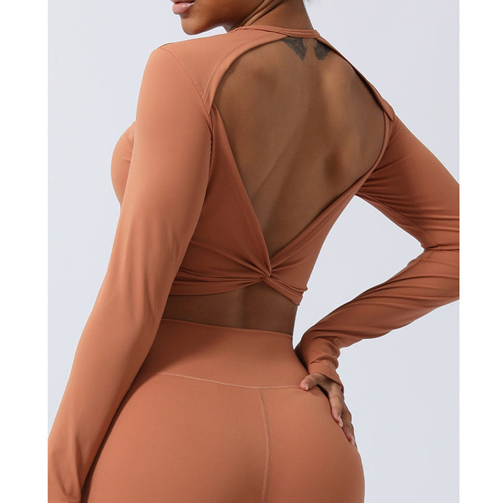 Buddha Stones Kobiety Trening Długi Rękaw Krzyżowy Top Bez Pleców Tee Legginsy Sport Fitness Joga Strój