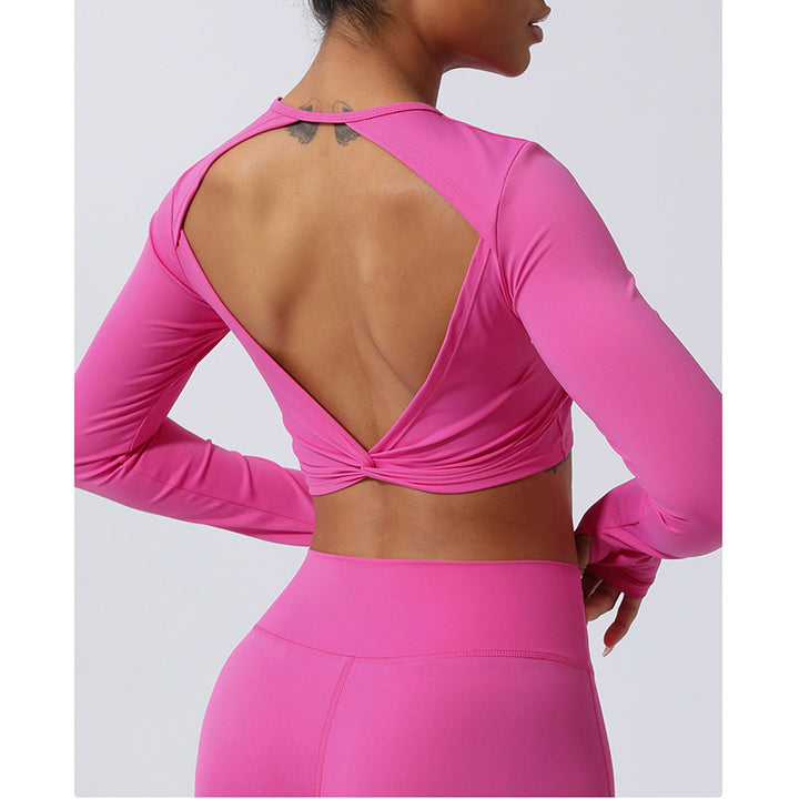 Buddha Stones Kobiety Trening Długi Rękaw Krzyżowy Top Bez Pleców Tee Legginsy Sport Fitness Joga Strój
