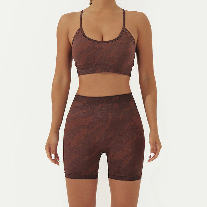Buddha Stones 2 szt. Kamienie moro, bez pleców, krzyżowe paski, biustonosz, spodenki, legginsy, spodnie, strój do fitnessu i jogi - Brązowy - 2 sztuki (top i spodenki) - US8-10, UK/AU12-14, EU40-42 (L) - image 8