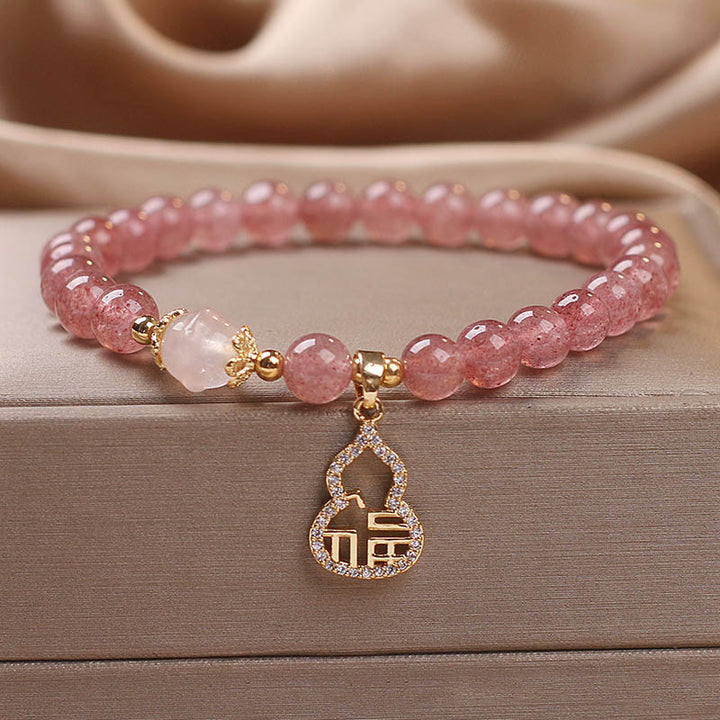 Buddha Stones Truskawkowe Kwarcowe Gourd Fu Charakter Charm Pozytywna Bransoletka