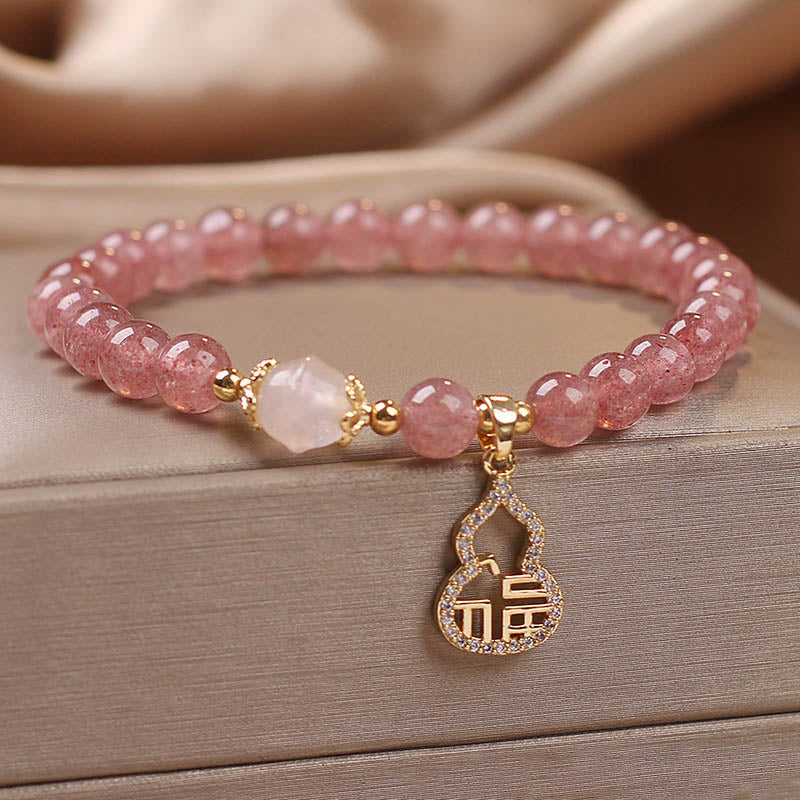 Buddha Stones Truskawkowe Kwarcowe Gourd Fu Charakter Charm Pozytywna Bransoletka