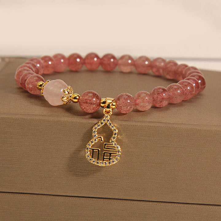 Buddha Stones Truskawkowe Kwarcowe Gourd Fu Charakter Charm Pozytywna Bransoletka