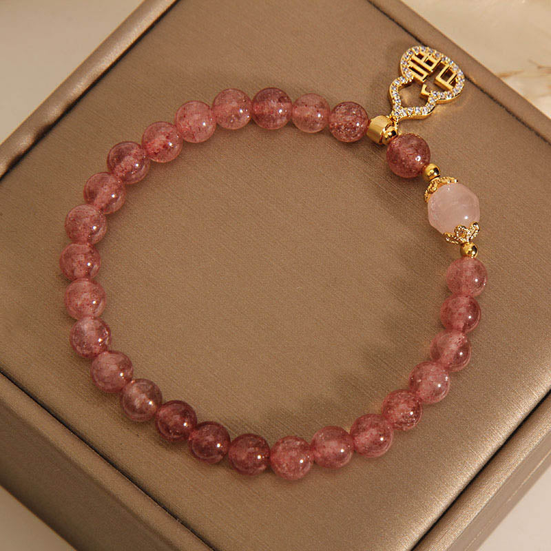 Buddha Stones Truskawkowe Kwarcowe Gourd Fu Charakter Charm Pozytywna Bransoletka
