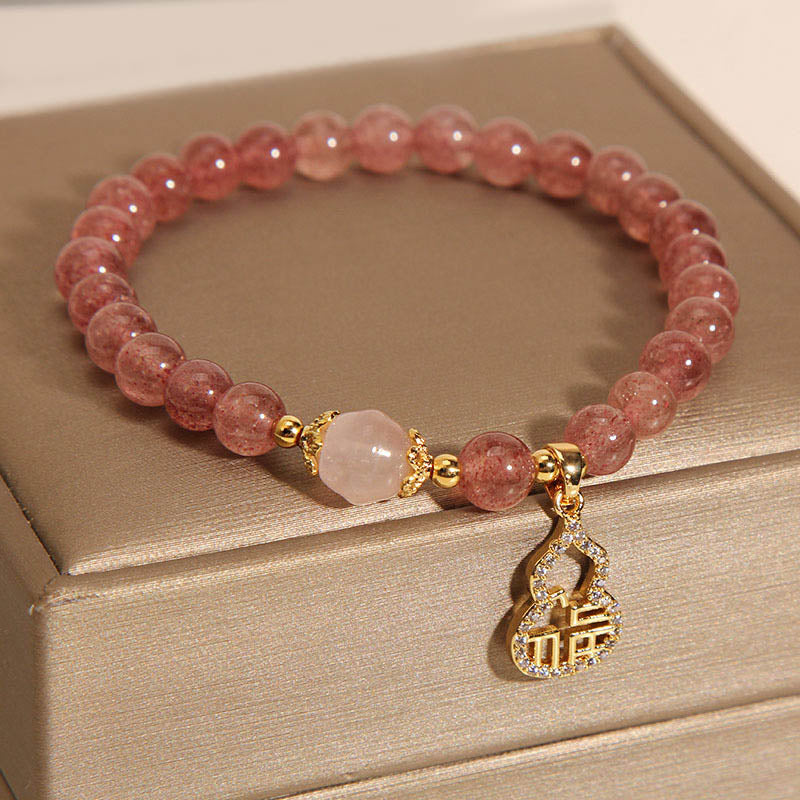 Buddha Stones Truskawkowe Kwarcowe Gourd Fu Charakter Charm Pozytywna Bransoletka