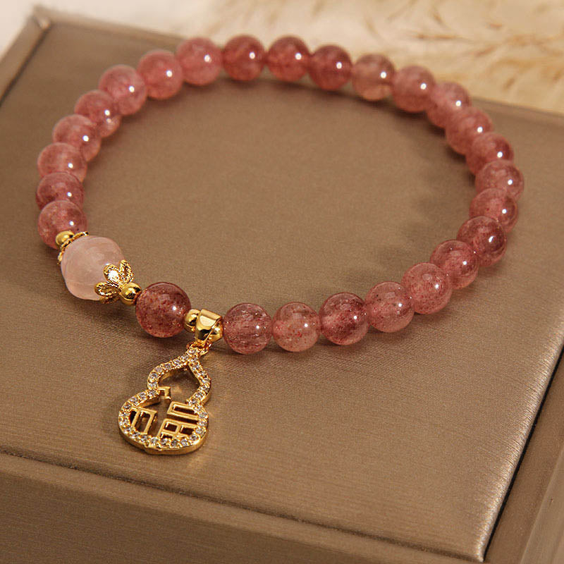 Buddha Stones Truskawkowe Kwarcowe Gourd Fu Charakter Charm Pozytywna Bransoletka
