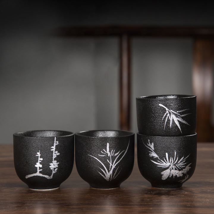 Buddha Stones Malowane Ręcznie Kwiat Lotosu Bambus Chryzantema Czarna Ceramika Ceramiczna Filiżanka Do Herbaty Kung Fu 95 ml