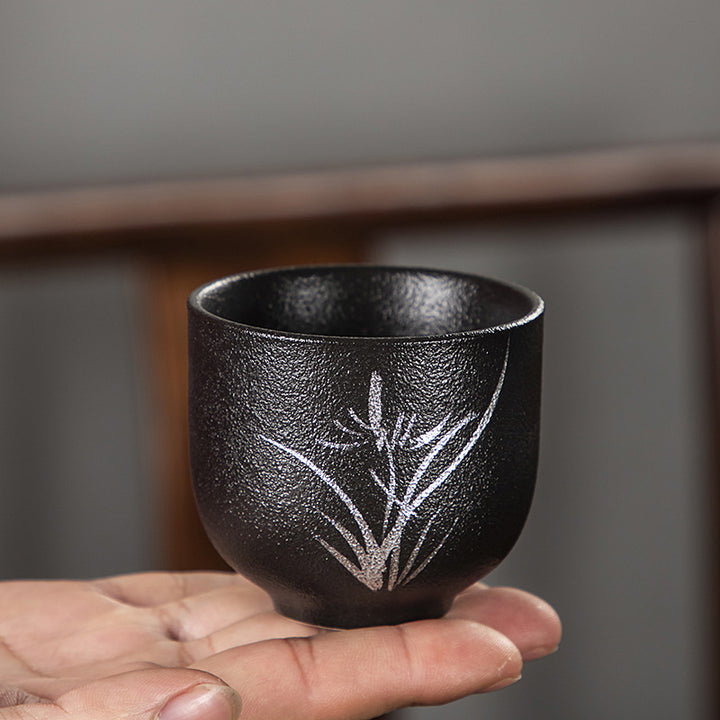 Buddha Stones Malowane Ręcznie Kwiat Lotosu Bambus Chryzantema Czarna Ceramika Ceramiczna Filiżanka Do Herbaty Kung Fu 95 ml