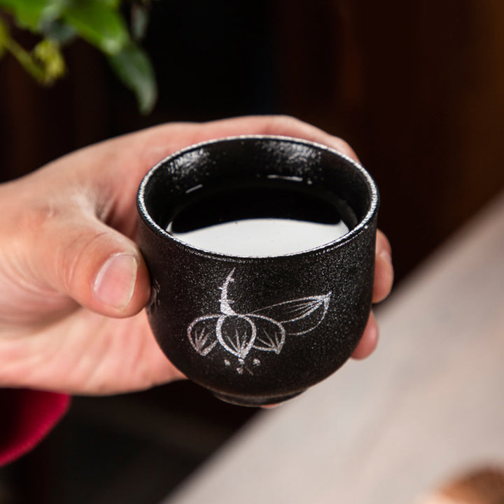 Buddha Stones Malowane Ręcznie Kwiat Lotosu Bambus Chryzantema Czarna Ceramika Ceramiczna Filiżanka Do Herbaty Kung Fu 95 ml