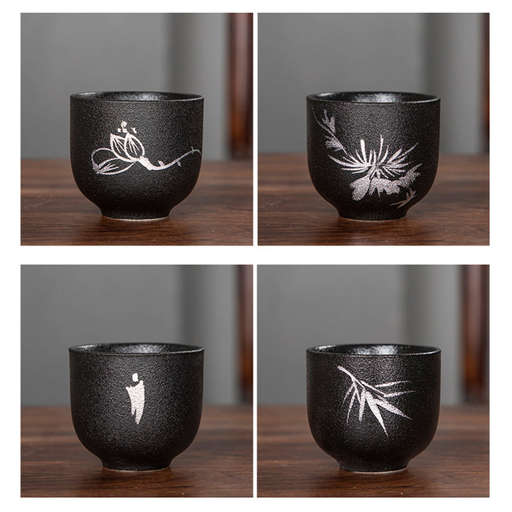 Buddha Stones Malowane Ręcznie Kwiat Lotosu Bambus Chryzantema Czarna Ceramika Ceramiczna Filiżanka Do Herbaty Kung Fu 95 ml