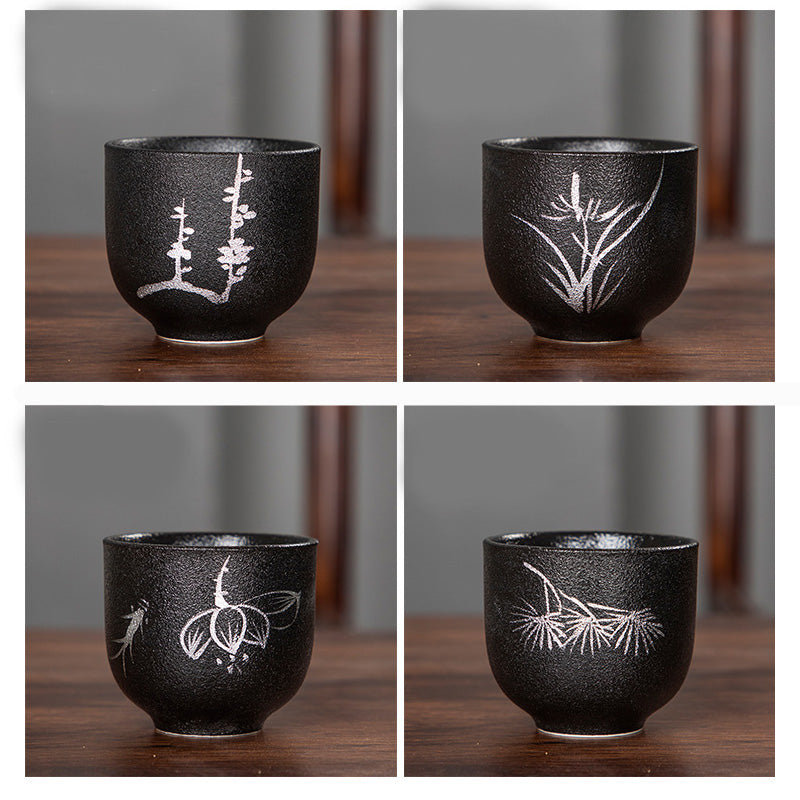 Buddha Stones Malowane Ręcznie Kwiat Lotosu Bambus Chryzantema Czarna Ceramika Ceramiczna Filiżanka Do Herbaty Kung Fu 95 ml