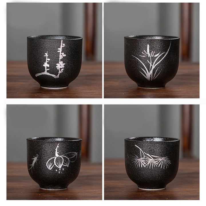 Buddha Stones Malowane Ręcznie Kwiat Lotosu Bambus Chryzantema Czarna Ceramika Ceramiczna Filiżanka Do Herbaty Kung Fu 95 ml