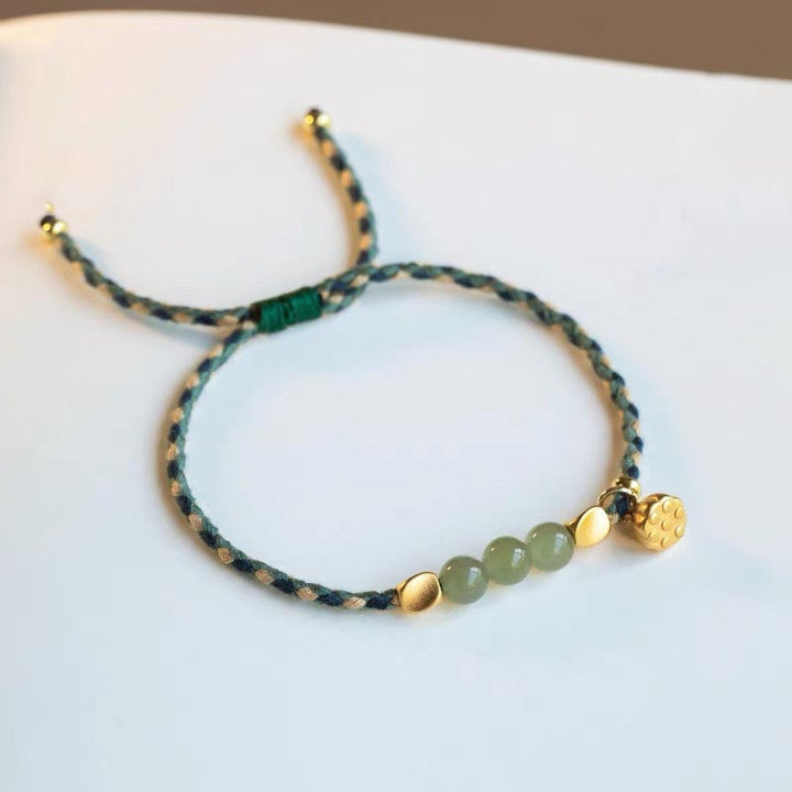 Bransoletka z ręcznie robionego hetian jadeitu z zawieszką lotosu i Buddha Stones, pleciona, szczęście
