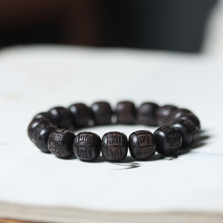 Buddha Stones Tybet Ebony Drewno Om Mani Padme Hum Grawerowana Bransoletka Równowagi