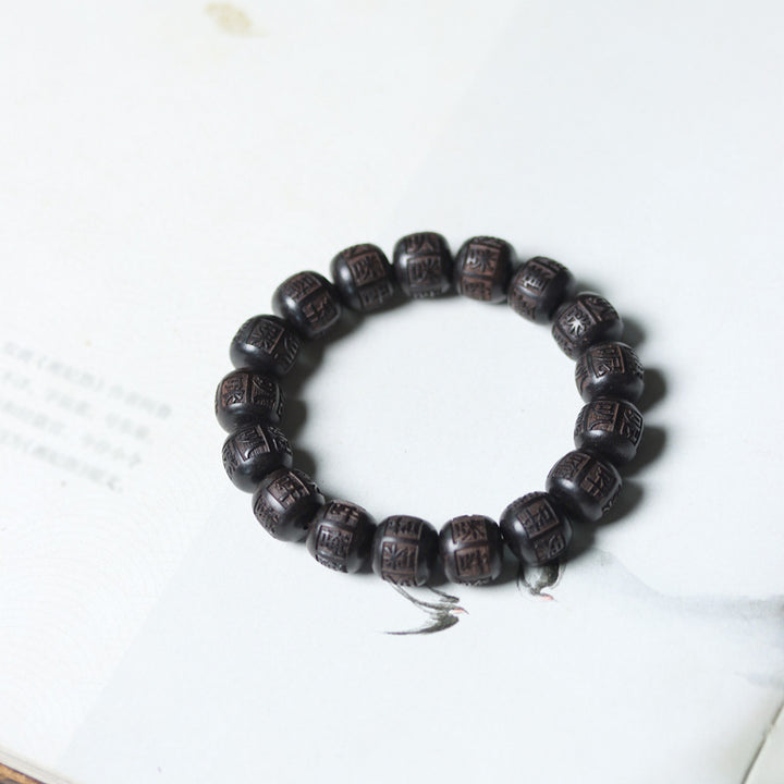 Buddha Stones Tybet Ebony Drewno Om Mani Padme Hum Grawerowana Bransoletka Równowagi