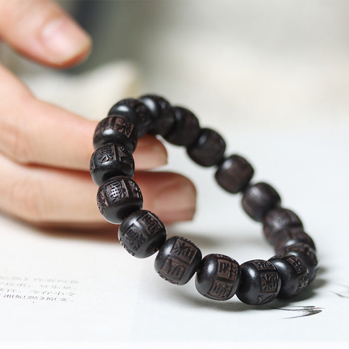 Buddha Stones Tybet Ebony Drewno Om Mani Padme Hum Grawerowana Bransoletka Równowagi