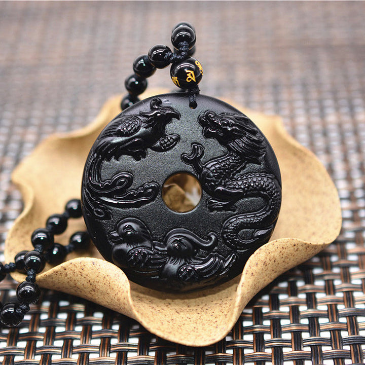 Buddha Stones Czarny Obsydian Smok Feniks Mandarynka Kaczka Szczęście Ochrona Naszyjnik Wisiorek