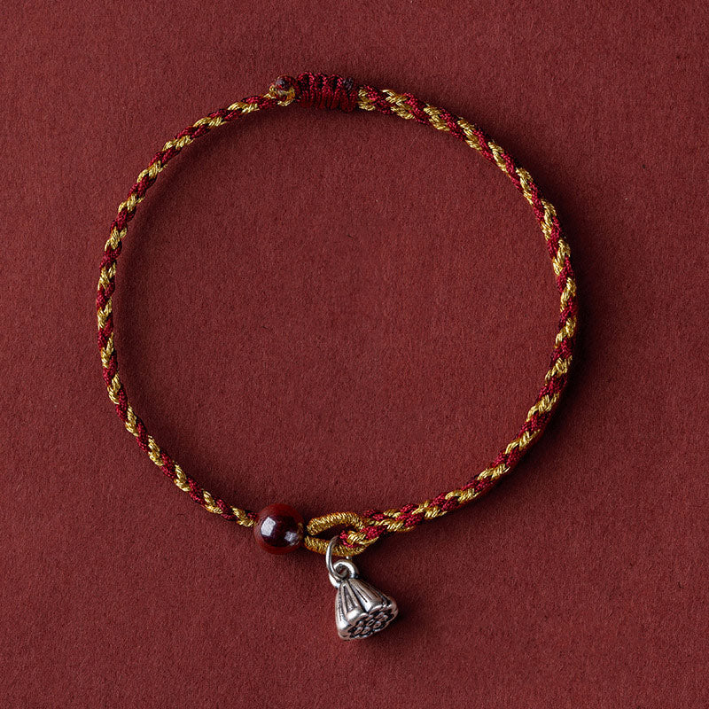 Bransoletka warkoczowa z Buddha Stones wykonana ręcznie z czerwonego złota, sznurka, lotosu, pokoju i radości