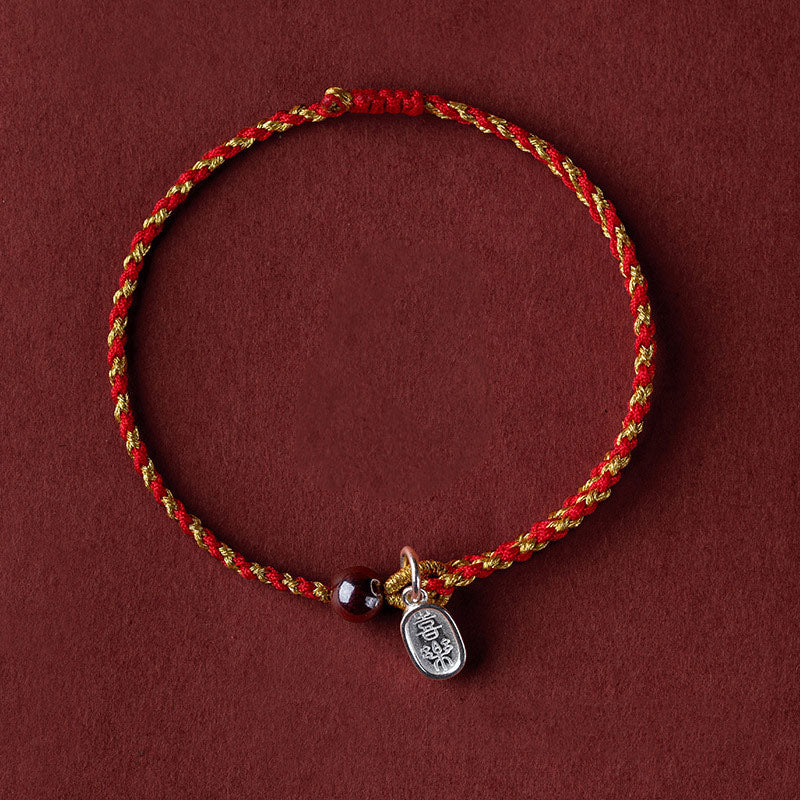 Bransoletka warkoczowa z Buddha Stones wykonana ręcznie z czerwonego złota, sznurka, lotosu, pokoju i radości