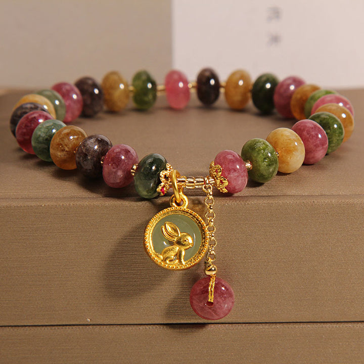 Buddha Stones Naturalny Kolorowy Turmalin Uroczy Króliczek Urok Pozytywna Bransoletka