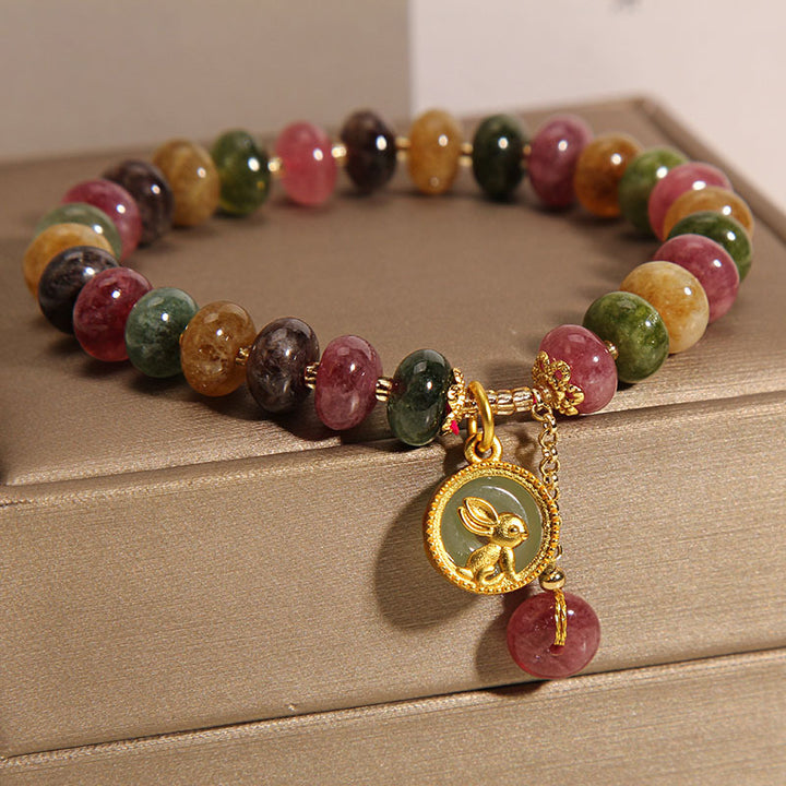 Buddha Stones Naturalny Kolorowy Turmalin Uroczy Króliczek Urok Pozytywna Bransoletka