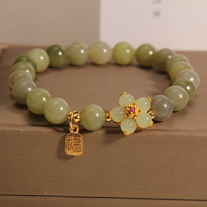 Bransoletka z Buddha Stones, zielonego jadeitu, kwiatu Fu, uroku szczęścia