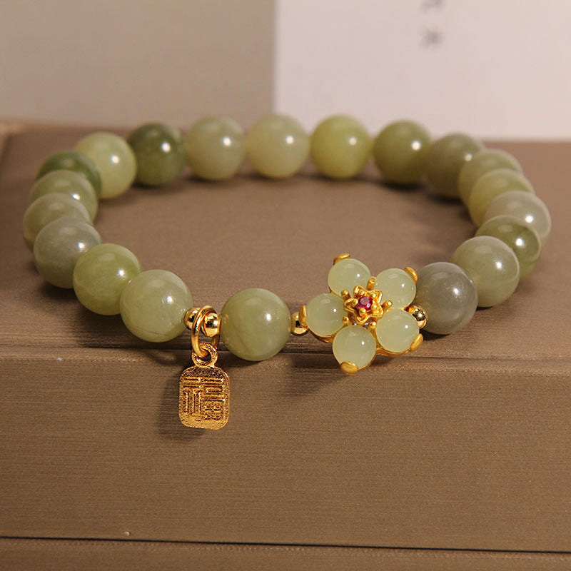 Bransoletka z Buddha Stones, zielonego jadeitu, kwiatu Fu, uroku szczęścia - Jadeit (obwód nadgarstka 14-16 cm) - image 0